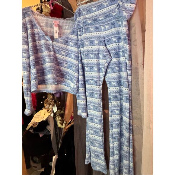 NWT blue fair isle VS pink x loveshackfancy waffle long thermal pj pajama set - Picture 6 of 13